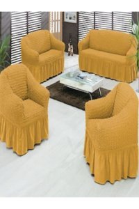 Elgeyar Pamuklu - Polyester Bürümcük Jakarlı Süngersiz Armürlü Giydirmeli Sarı Yedili Koltuk Örtüsü 183x230 cm
