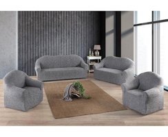Uzhanem Pamuklu - Polyester Likralı Süngerli Çizgili Giydirmeli Gri Dörtlü Koltuk Örtüsü 170x210 cm