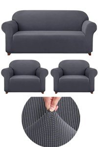 Uytm Pamuklu - Polyester Likralı Süngerli Çizgili Giydirmeli Gri Üçlü Koltuk Örtüsü 180x230 cm
