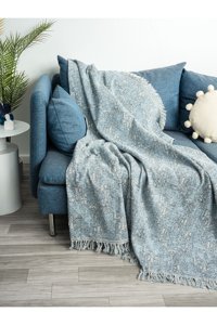 Ecre Pamuklu Kanvas Saçaklı Süngersiz Mavi Tekli Koltuk Örtüsü 170x220 cm