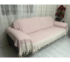Nasır Home Pamuklu Püsküllü Süngersiz Çizgili Pembe Tekli Koltuk Örtüsü 180x300 cm