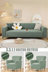 Uzhanem Pamuklu - Polyester Bürümcük-Likralı Süngerli Geometrik Desenli Giydirmeli Yeşil Dörtlü Koltuk Örtüsü 180x230 cm