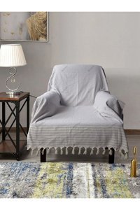 Bumedo Pamuklu Kanvas Püsküllü Süngersiz Armürlü Lacivert Tekli Koltuk Örtüsü 150x180 cm