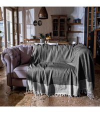 Miracolo Home Pamuklu Püsküllü Süngersiz Geometrik Desenli Siyah Tekli Koltuk Örtüsü 180x215 cm