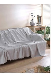 Enti Ev Tekstili Pamuklu Kanvas Saçaklı Süngersiz Armürlü Gri Üçlü Koltuk Örtüsü 170x220 cm