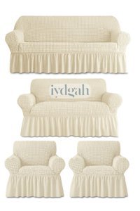 Iydgah Polyester Bürümcük-Likralı Fırfırlı Süngersiz Kapitone Giydirmeli Krem 3-2-1-1 Koltuk Örtüsü 50x180 cm