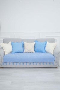 Aisha's Design KO-19 Polyester Örgü Püsküllü Süngersiz Çizgili Mavi Tekli Koltuk Örtüsü 34x48 cm