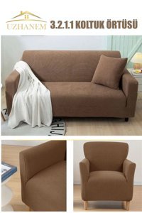 Uzhanem Polyester Bürümcük-Likralı Süngerli Petek Desenli Giydirmeli Kahverengi Dörtlü Koltuk Örtüsü 183x230 cm