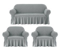Eldost Ticaret Pamuklu - Polyester Bürümcük Jakarlı Süngersiz Armürlü Giydirmeli Gri Beşli Koltuk Örtüsü 180x230 cm