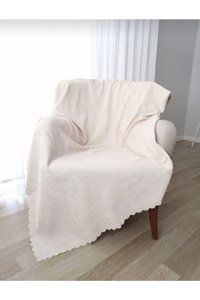 Poyraz Garanti Pamuklu Nubuk Jakarlı Süngersiz Çizgili Bej Tekli Koltuk Örtüsü 180x220 cm
