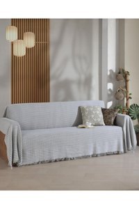 Ladynil Pamuklu Saçaklı Süngersiz Çiçek Desenli Gri Tekli Koltuk Örtüsü 180x300 cm