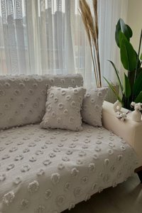 Best House Decor Pamuklu Püsküllü Süngersiz Geometrik Desenli Gri Tekli Koltuk Örtüsü 180x230 cm