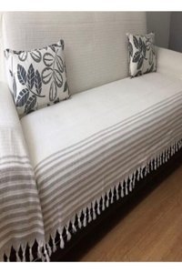 Enti Ev Tekstili Mrd 8112021 Pamuklu Kanvas Püsküllü Süngersiz Armürlü Bej Üçlü Koltuk Örtüsü 170x301 cm