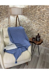 Rozet Tekstil Pamuklu Örgü Püsküllü Süngersiz Armürlü Lacivert Tekli Koltuk Örtüsü 120x180 cm