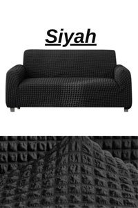 E Bahar Polyester Bürümcük Jakarlı Süngersiz Armürlü Giydirmeli Siyah Üçlü Koltuk Örtüsü 180x230 cm