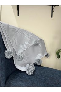Zu Baby Collection Pamuklu Bürümcük Ponponlu Süngersiz Düz Gri Tekli Koltuk Örtüsü 110x230 cm