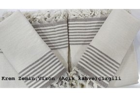 Coperta Pamuklu Kanvas Püsküllü Süngersiz Çizgili Vizon Tekli Koltuk Örtüsü 160x300 cm