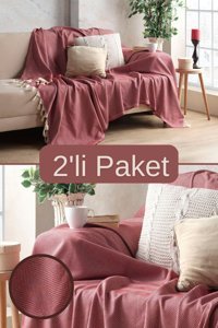 Miracolo Home Pamuklu Püsküllü Süngersiz Çizgili Bordo İkili Koltuk Örtüsü 170x230 cm