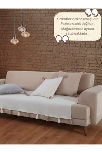 Lux Touch Liva Pamuklu Ponponlu-Püsküllü Süngersiz Geometrik Desenli Ekru Tekli Koltuk Örtüsü 115x201 cm
