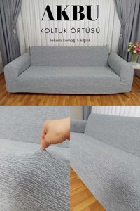 Akbu Polyester Süngersiz Çizgili Giydirmeli Lastikli Gri Tekli Koltuk Örtüsü 180x230 cm