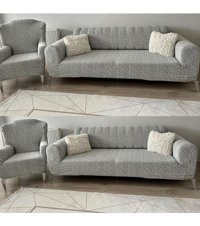Faiend Jakarlı Süngersiz Çizgili Giydirmeli Gri 3-3-1-1 Koltuk Örtüsü 230x180 cm
