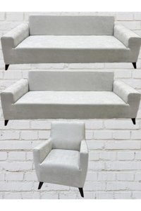 Şahane Ev Babyface Kadife Likralı Jakarlı Süngersiz Düz Giydirmeli Lastikli Kaymaz Bej Üçlü Koltuk Örtüsü 5x110 cm