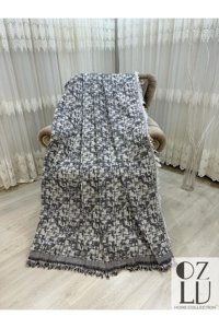 Özlü Home Pamuklu - Polyester Örgü Saçaklı Süngersiz Çizgili Antrasit Tekli Koltuk Örtüsü 170x220 cm