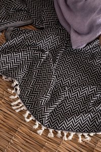 Akaystore Pamuklu Püsküllü Süngersiz Zikzaklı Siyah Tekli Koltuk Örtüsü 200x230 cm