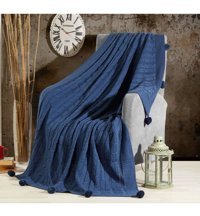 Zerif Home Akrilik Örgü Ponponlu Süngersiz Düz Lacivert Tekli Koltuk Örtüsü 130x180 cm