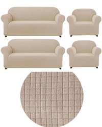 Uytm Polyester Likralı Süngerli Çizgili Giydirmeli Bej Dörtlü Koltuk Örtüsü 180x230 cm