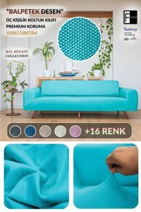 Faiend Polyester Süngersiz Düz Giydirmeli Turkuaz Üçlü Koltuk Örtüsü 180x230 cm