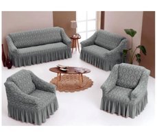 Uytm Pamuklu - Polyester Likralı Drapeli Süngerli Çiçek Desenli Giydirmeli Gri Dörtlü Koltuk Örtüsü 180x230 cm