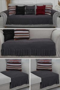 Aisha's Design KTK-8 Polyester Örgü Pileli Süngersiz Düz Gri Dörtlü Koltuk Örtüsü 34x48 cm