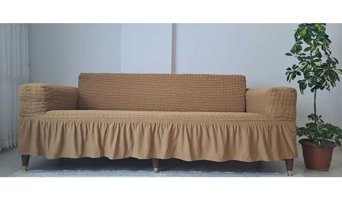 Güzelevim Polyester Bürümcük Fırfırlı Süngersiz Kapitone Giydirmeli Kahverengi Üçlü Koltuk Örtüsü 180x230 cm