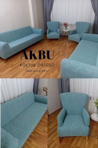 Akbu Polyester Süngersiz Çubuk Desenli Giydirmeli Lastikli Yeşil Dörtlü Koltuk Örtüsü 180x230 cm
