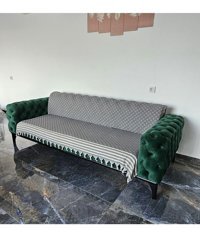 İsmail Gürel Pamuklu Püsküllü Süngersiz Geometrik Desenli Gri Tekli Koltuk Örtüsü 175x210 cm