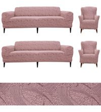 Bibaha Pamuklu Jakarlı Süngersiz Giydirmeli Lastikli Pembe Dörtlü Koltuk Örtüsü 180x230 cm