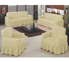Bilgiçler Pamuklu - Polyester Bürümcük Fırfırlı Süngersiz Giydirmeli Lastikli Krem Dörtlü Koltuk Örtüsü 183x230 cm