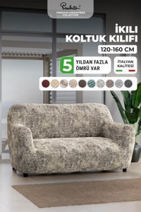 Paulato Mikrofiber Likralı Jakarlı Süngersiz Çizgili Giydirmeli Bej İkili Koltuk Örtüsü 100x160 cm