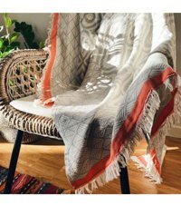 Hare Pamuklu Püsküllü Süngersiz Çiçek Desenli Gri Tekli Koltuk Örtüsü 130x170 cm