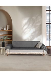Lux Touch Pamuklu Püsküllü Süngersiz Geometrik Desenli Siyah Tekli Koltuk Örtüsü 180x300 cm
