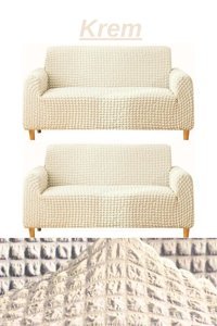 Furkanticaret Polyester Bürümcük Süngersiz Düz Giydirmeli Bej İkili Koltuk Örtüsü 180x230 cm