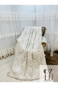 Özlü Home Pamuklu Örgü Saçaklı Süngersiz Kamuflaj Desenli Bej Tekli Koltuk Örtüsü 170x220 cm