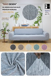 Faiend Pamuklu Jakarlı Süngersiz Kırçıllı Giydirmeli Mavi Üçlü Koltuk Örtüsü 180x220 cm