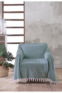 Ladynil Natural Pamuklu Saçaklı Süngersiz Çizgili Mavi Tekli Koltuk Örtüsü 160x160 cm