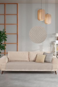 Znp Home Halfy Pamuklu Polar Saçaklı Süngersiz Çizgili Bej Tekli Koltuk Örtüsü 100x210 cm