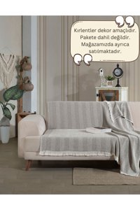 Lux Touch Lily Pamuklu Püsküllü Süngersiz Geometrik Desenli Haki Tekli Koltuk Örtüsü 150x200 cm