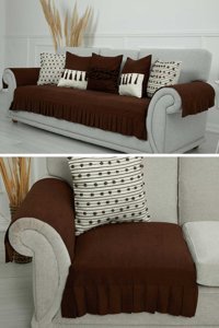 Aisha's Design KTK-6 Polyester Örgü Pileli Süngersiz Düz Kahverengi Üçlü Koltuk Örtüsü 34x48 cm