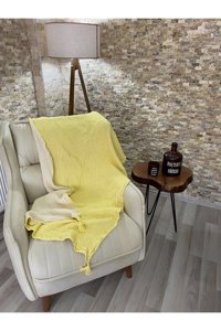 Rozet Tekstil Pamuklu Örgü Püsküllü Süngersiz Armürlü Sarı Tekli Koltuk Örtüsü 120x180 cm