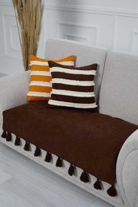 Aisha's Design KO-19-IK Polyester Örgü Püsküllü Süngersiz Düz Kahverengi Tekli Koltuk Örtüsü 90x155 cm